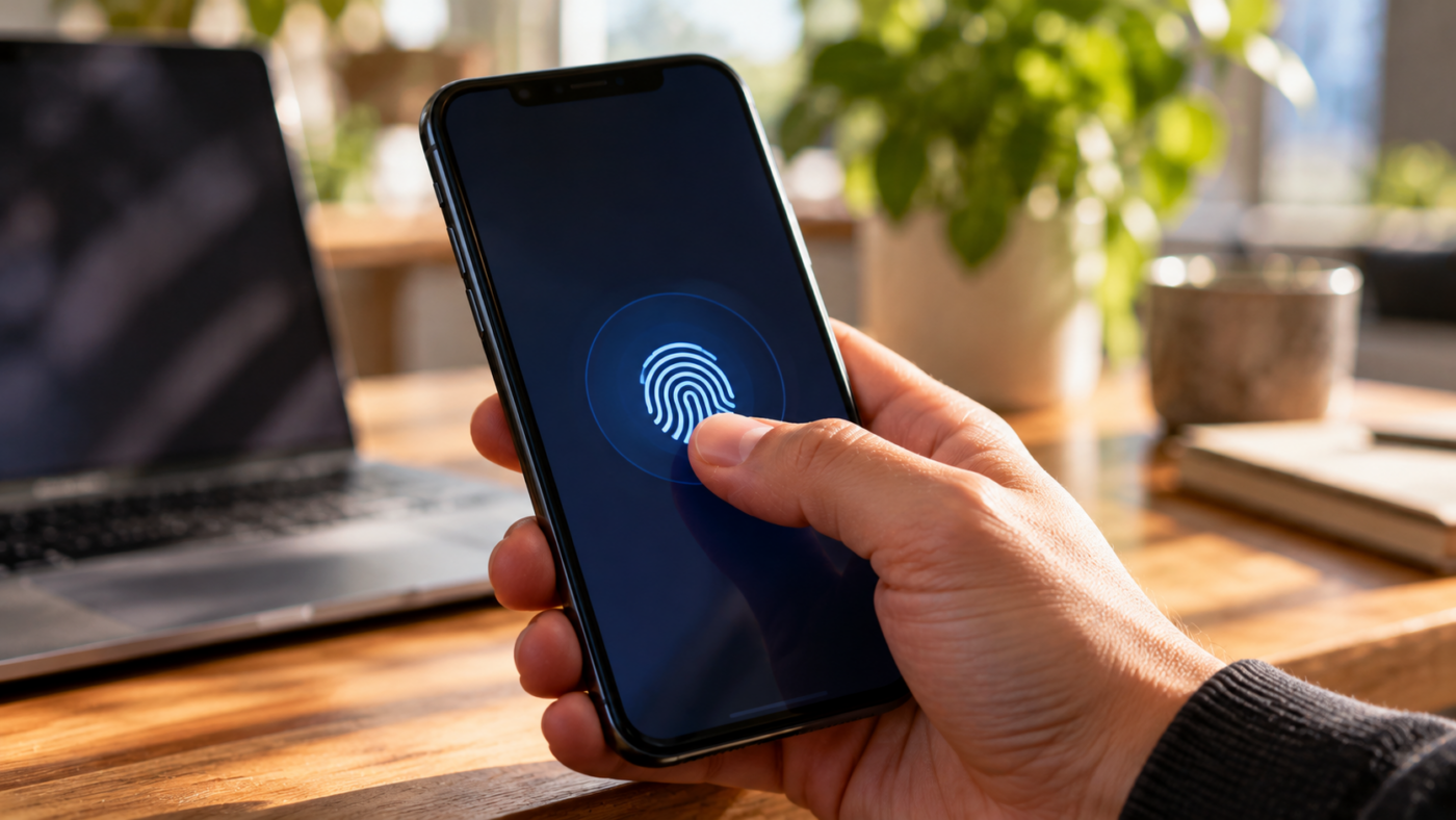 Une main tient un smartphone qui affiche une demande d'empreinte digitale pour ouvrir une session