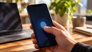 Une main tient un smartphone qui affiche une demande d'empreinte digitale pour ouvrir une session