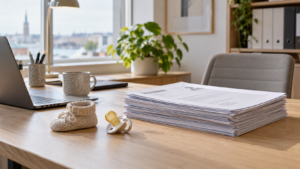 Bureau d’une petite entreprise scandinave, une tétine et un chausson de bébé posés à côté d’une pile de candidatures