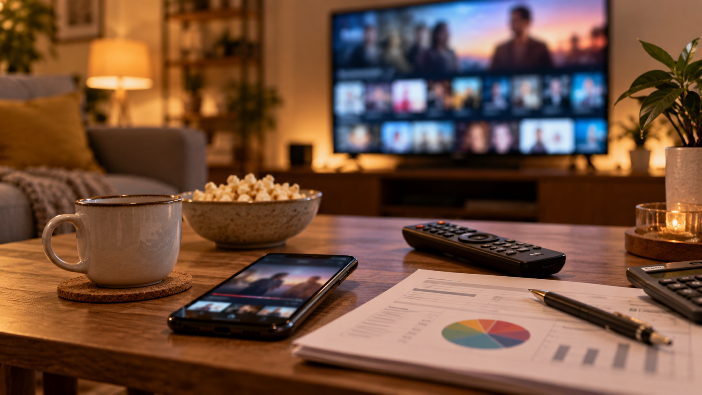 Un smartphone, une télécommande et une feuille de budget familial sur une table basse, devant un téléviseur allumé flou