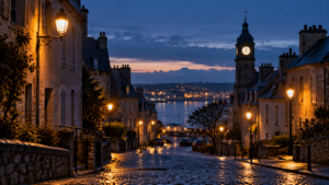 Une rue de ville bretonne encore dans la pénombre d’un matin d’hiver, lampadaires allumés et horloge publique au loin