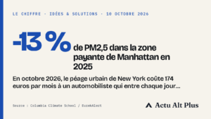Une avenue du sud de Manhattan sous un portique de péage électronique, quelques taxis jaunes dans la lumière du matin