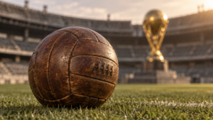 Un ballon de cuir ancien posé sur la pelouse d’un vieux stade vide, un trophée doré flou à l’arrière-plan