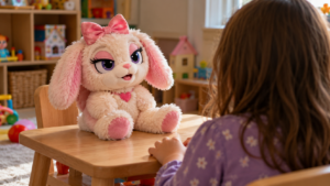 Une peluche posée sur une petite table de salle de jeux, face aux mains d’un enfant