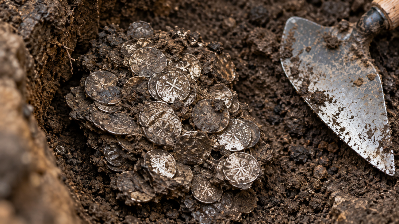 Amas de petites pièces d’argent médiévales agglomérées au fond d’une tranchée de fouille, dans la terre sombre, à côté d’une truelle.