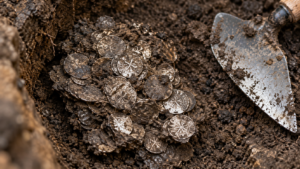 Amas de petites pièces d’argent médiévales agglomérées au fond d’une tranchée de fouille, dans la terre sombre, à côté d’une truelle.