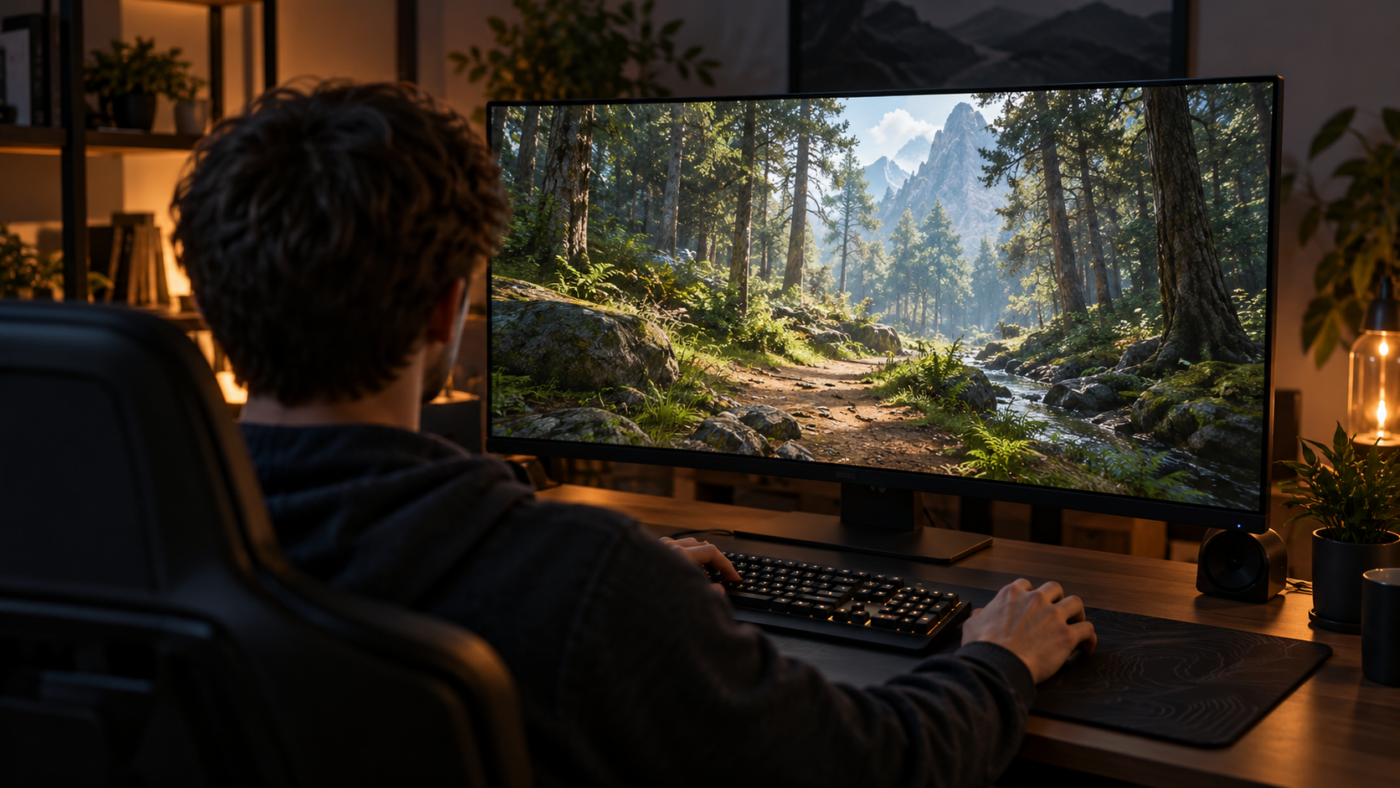 Une personne de dos, mains sur un clavier, explore sur grand écran un chemin forestier en trois dimensions.