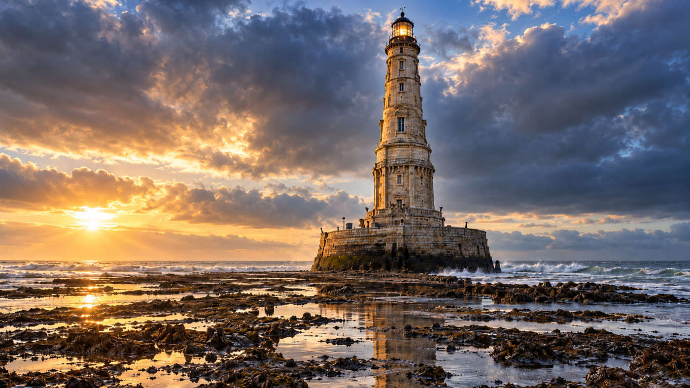 Le phare de Cordouan, tour de pierre ouvragée, seul sur son plateau rocheux à marée basse sous un ciel d'hiver