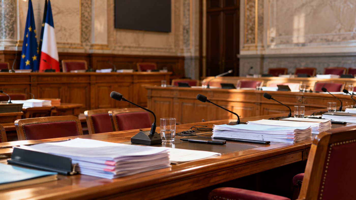 Salle de commission vide, pupitres en bois, micros et liasses d'amendements imprimés