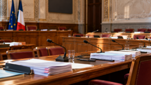 Salle de commission vide, pupitres en bois, micros et liasses d'amendements imprimés