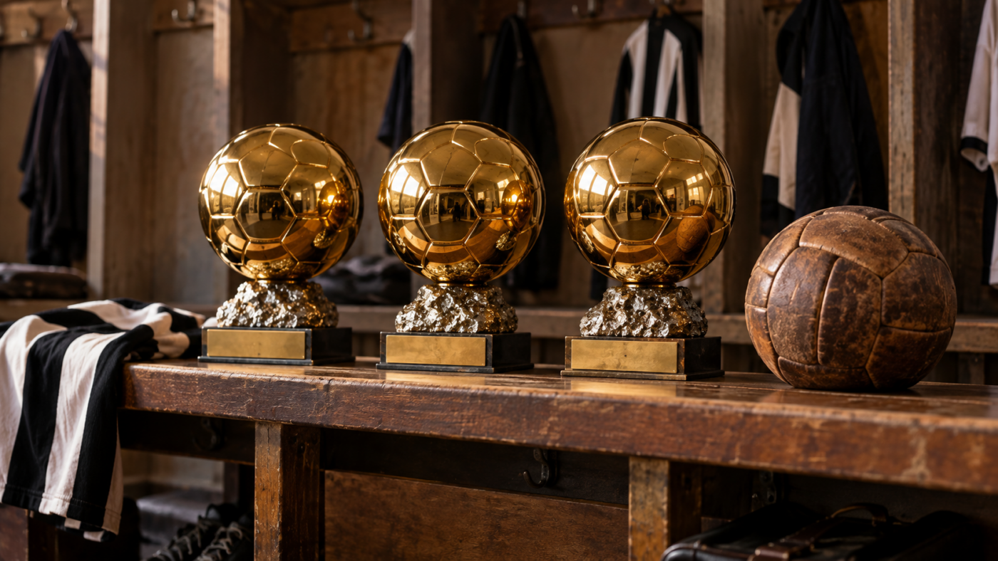 Trois trophées dorés alignés sur une étagère de vestiaire ancien, un vieux ballon de cuir posé sur le banc
