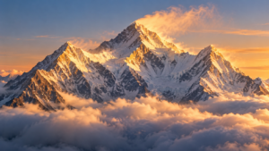 Sommet himalayen enneigé aux trois cimes alignées émergeant d’une mer de nuages au lever du jour, panache de neige soulevé par le vent.