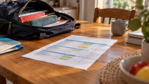 Une fiche de résultats scolaires posée sur une table de cuisine, à côté d’un cartable ouvert