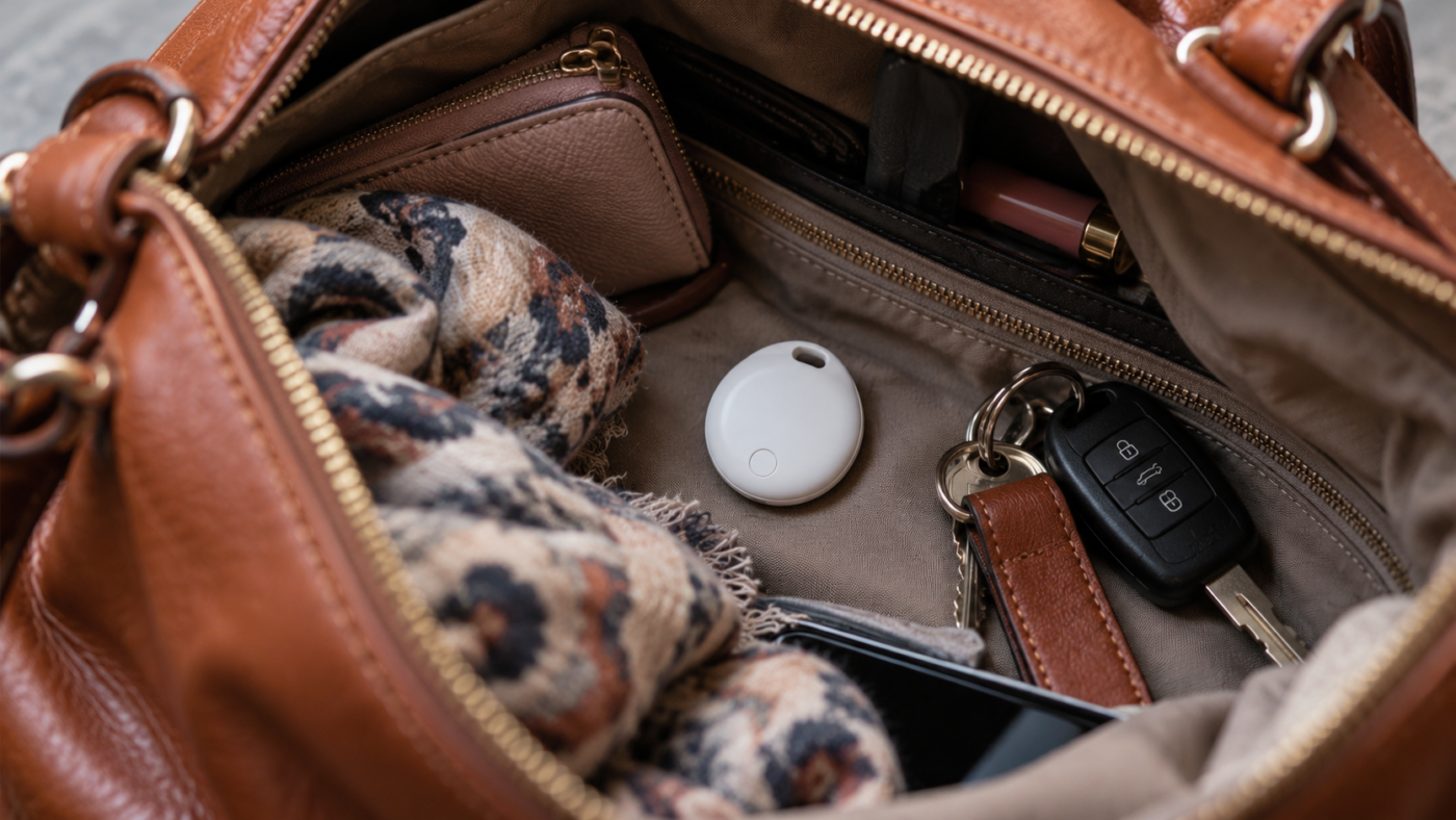 Une petite balise ronde et blanche posée au fond d’un sac ouvert, à côté de clés de voiture et d’une écharpe