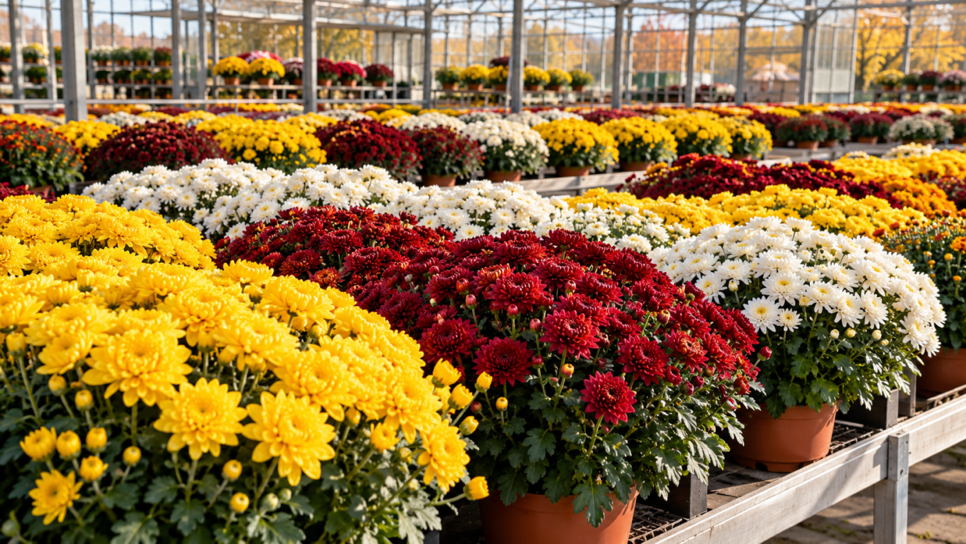 Rangées de chrysanthèmes en pot jaunes, bordeaux et blancs dans une serre municipale, prêts à partir vers les cimetières