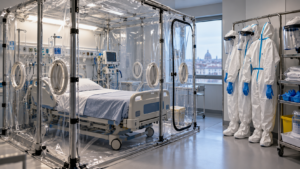 Chambre d’isolement hospitalière vide, tente plastique transparente autour du lit et combinaisons de protection suspendues