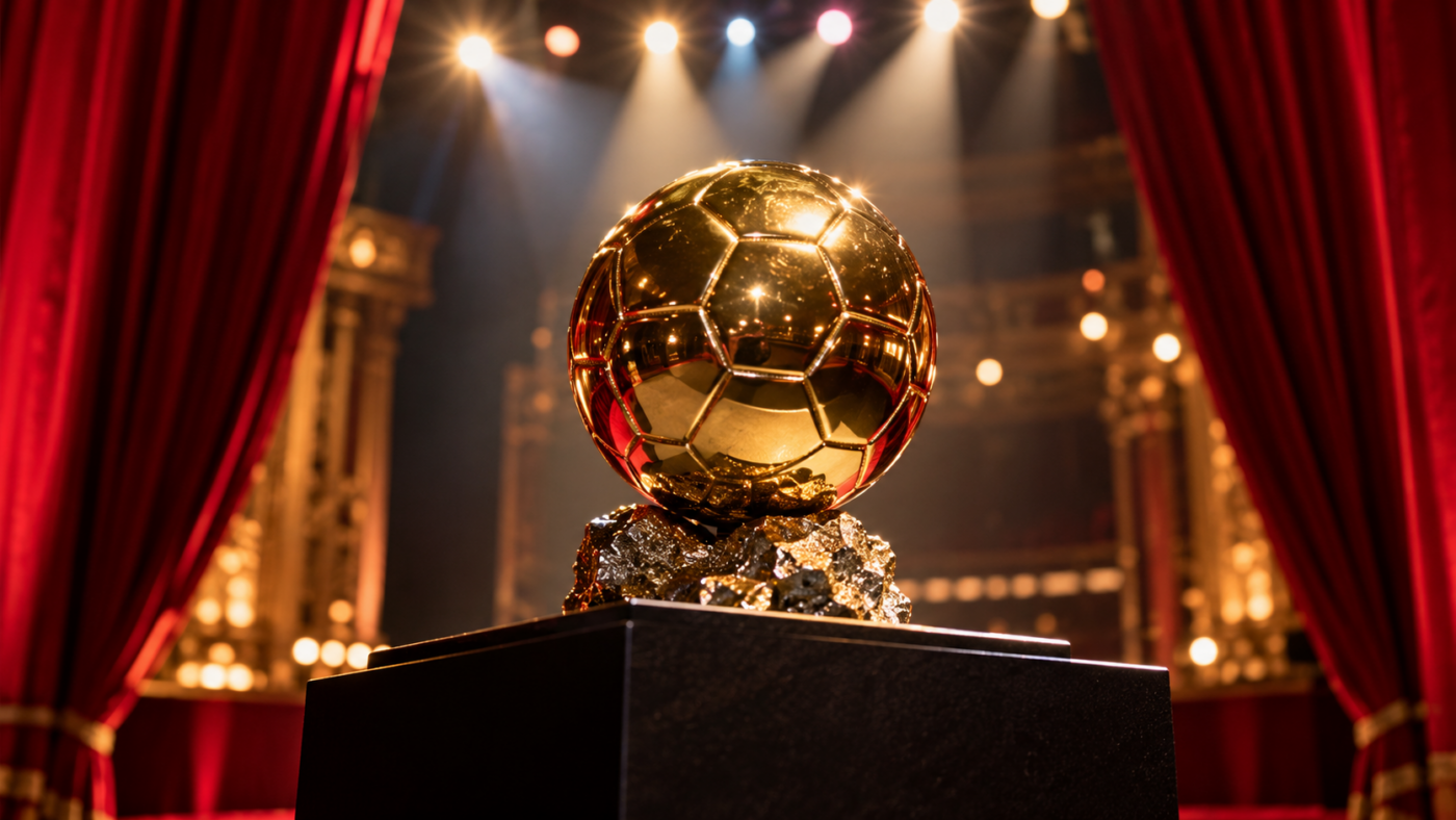 Un trophée doré en forme de ballon posé sous les projecteurs d’une scène de théâtre aux rideaux rouges