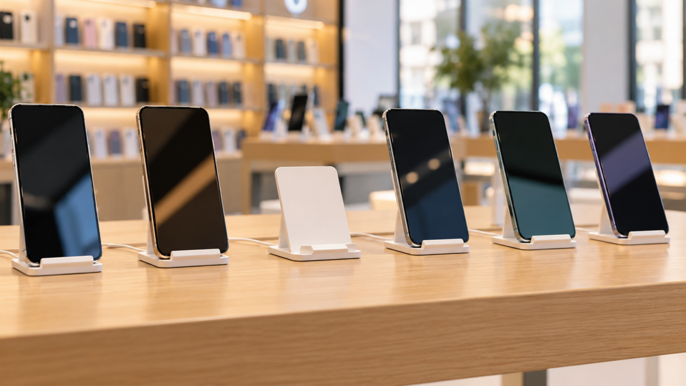 Une table de présentation de smartphones en boutique, avec un support vide au milieu de la rangée
