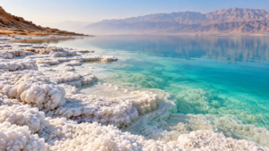 Rive de la mer Morte couverte de concrétions de sel blanc, eau turquoise immobile et montagnes de Jordanie dans la brume