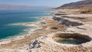 Rivage de la mer Morte en retrait, avec des terrasses de sel blanc et des dolines rondes dans la vase asséchée