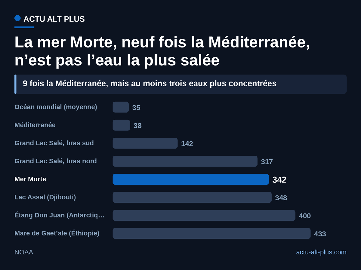 La mer Morte concentre presque dix fois le sel de l’océan, mais des lacs et mares de Djibouti, d’Antarctique et d’Éthiopie la dépassent. Valeurs indicatives : la salinité varie selon le lieu et la saison.