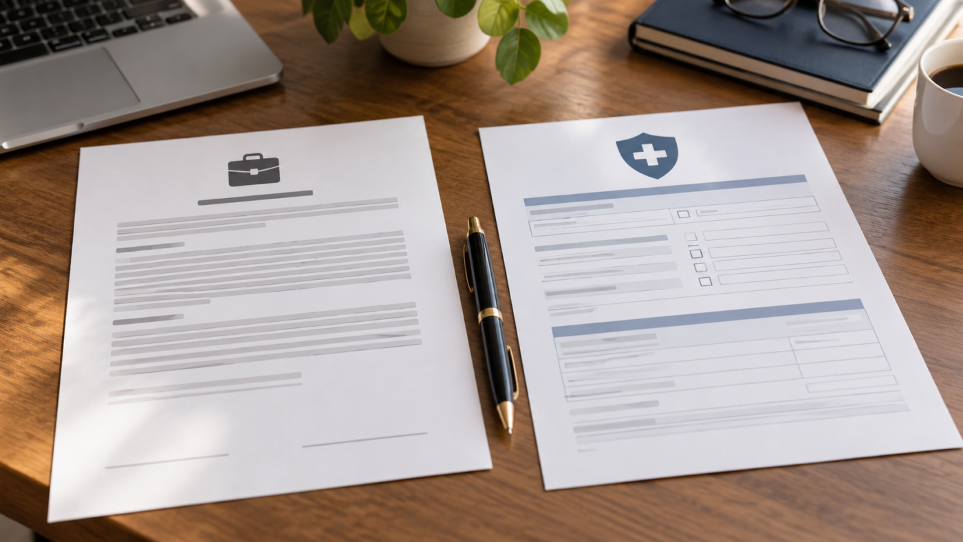 Un contrat de travail et un bulletin d’adhésion à une mutuelle posés côte à côte sur un bureau, un stylo entre les deux