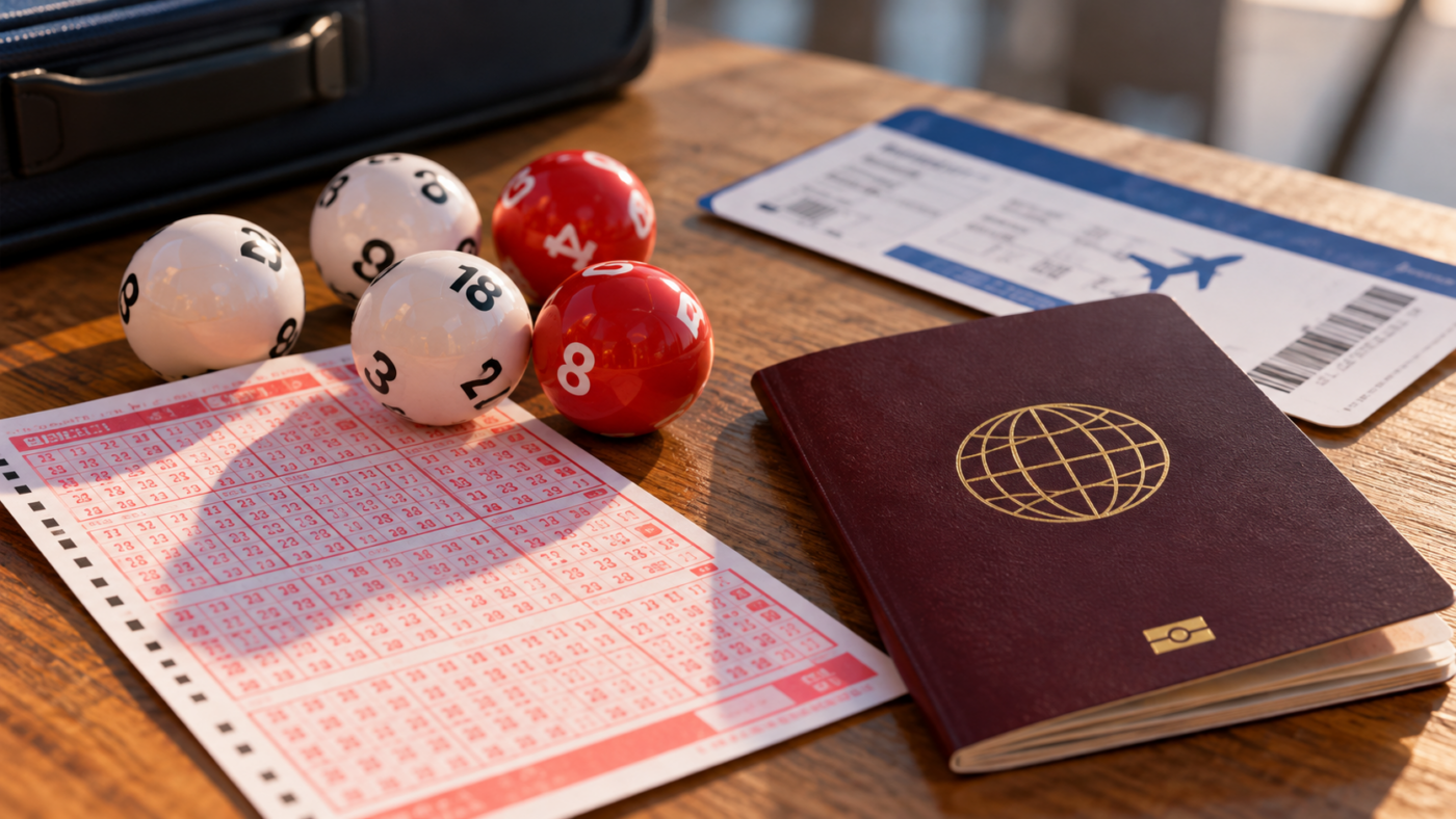Un billet de loterie et des boules blanches et rouge posés sur une table, à côté d'un passeport et d'une carte d'embarquement.
