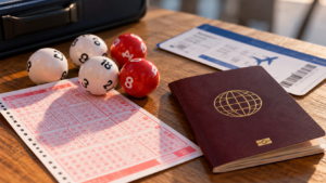 Un billet de loterie et des boules blanches et rouge posés sur une table, à côté d'un passeport et d'une carte d'embarquement.