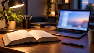 Un livre ouvert posé à côté d'un ordinateur portable allumé, sur un bureau éclairé par une lampe