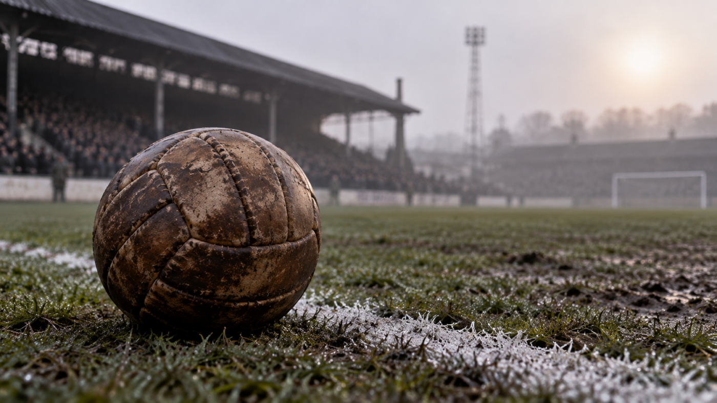 Un vieux ballon de cuir posé sur la ligne de touche d’un stade anglais des années 1950, par un après-midi d’hiver brumeux