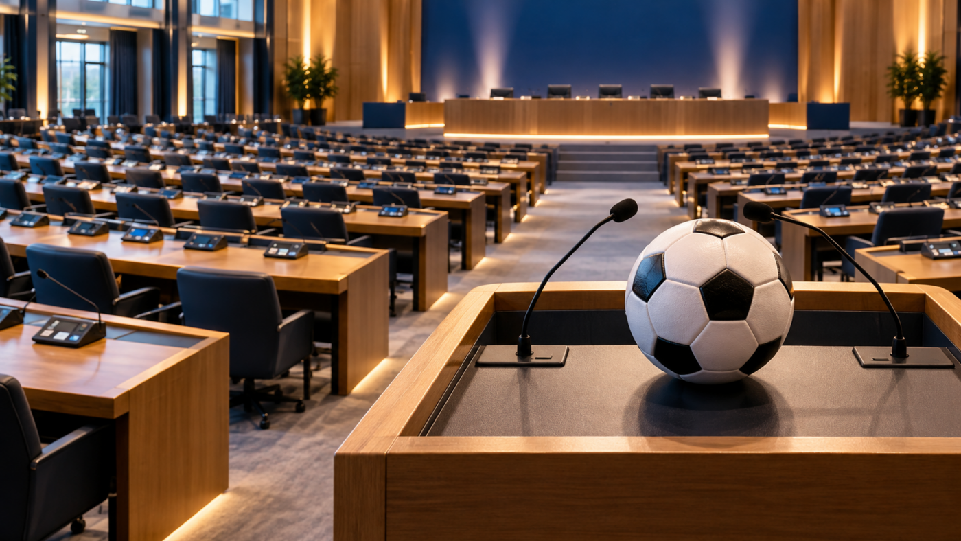 Salle de congrès vide, pupitres de délégués équipés de boîtiers de vote, un ballon posé sur le pupitre de la tribune