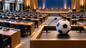 Salle de congrès vide, pupitres de délégués équipés de boîtiers de vote, un ballon posé sur le pupitre de la tribune