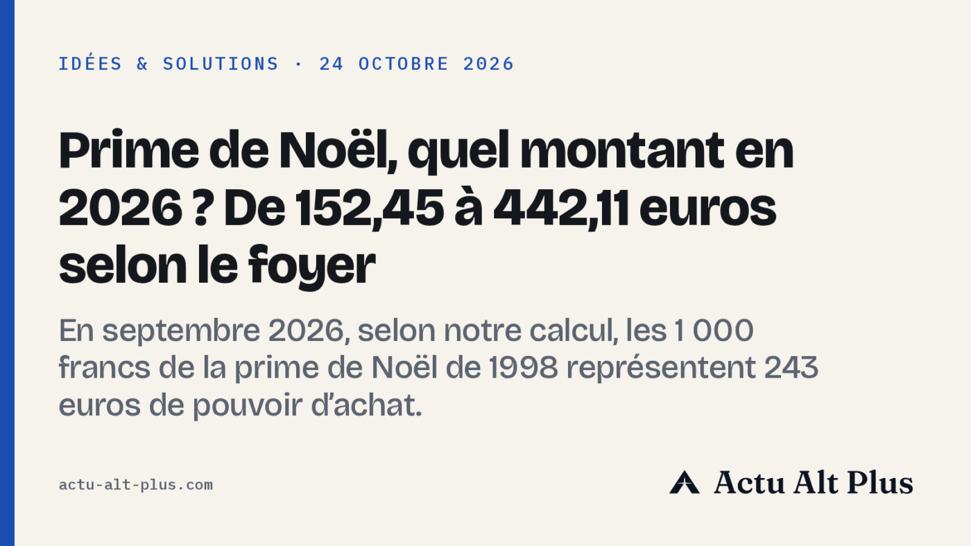 Une table de cuisine en décembre, quelques billets et pièces en euros à côté d’un carnet de budget familial et d’une petite décoration de Noël