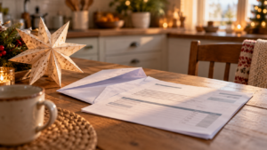 Sur une table de cuisine, un relevé bancaire et une enveloppe ouverte à côté d'une étoile de Noël en papier