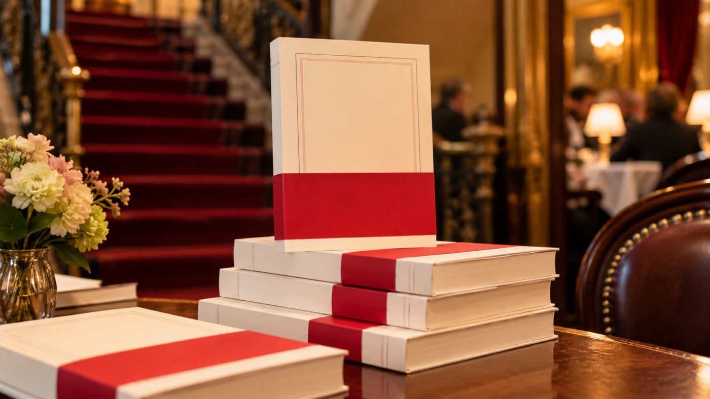 Escalier tapissé de sombre d’un restaurant parisien, une pile de romans neufs ceints d’un bandeau rouge au premier plan