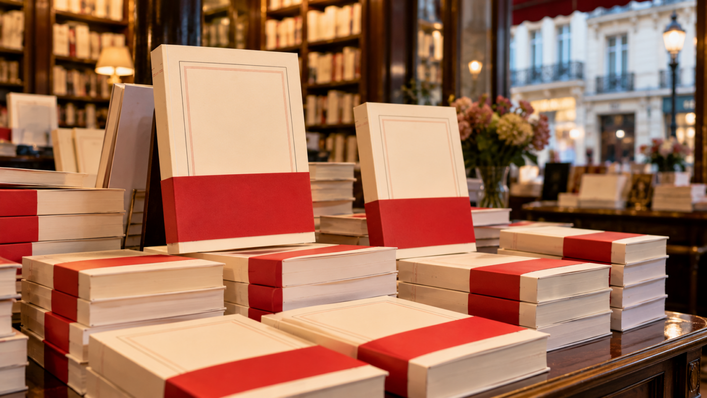 Piles de romans à couverture crème ceints de bandeaux rouges vierges sur une table de librairie parisienne