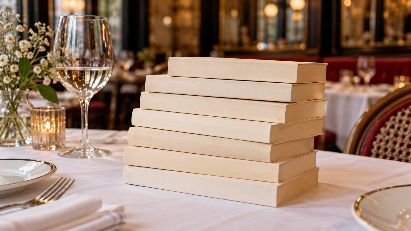 Une pile de sept romans aux couvertures crème posée sur la nappe blanche d’un restaurant parisien