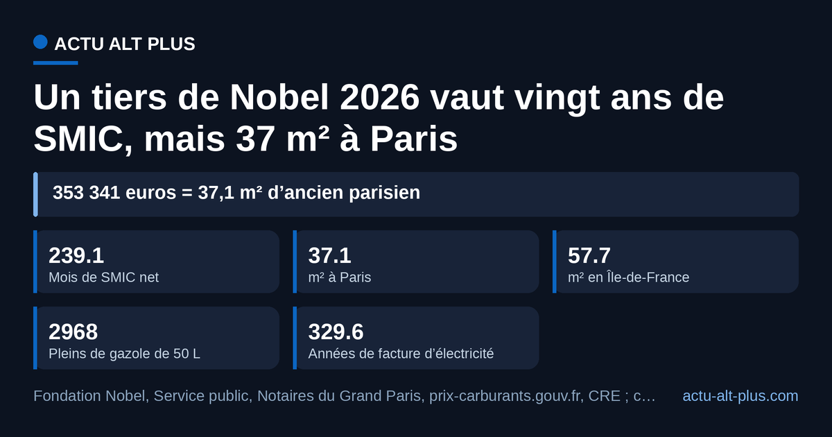 Mesurée en salaire ou en énergie, la part d’un lauréat paraît immense ; le mètre carré parisien la ramène à un petit deux-pièces. Étalons de mai à octobre 2026, taux de change du 28 septembre 2026.