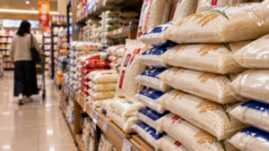 Rayon de sacs de riz de 5 kilos empilés dans un supermarché japonais