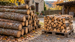 Une pile de bûches d’un mètre à côté de bûches courtes rangées sur une palette, dans une cour de village en automne