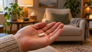 Une gélule blanche posée dans une main ouverte, dans une salle de soins aménagée comme un salon