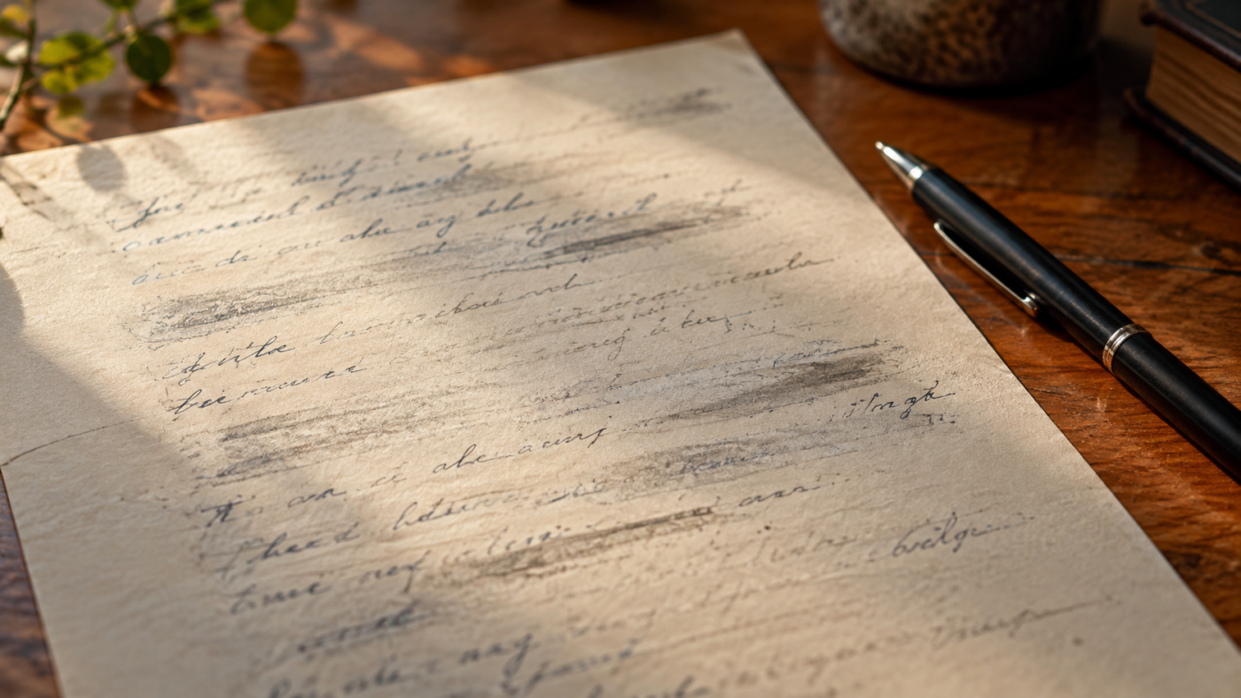 Une page manuscrite sur un bureau en bois, dont certaines lignes semblent effacées, un stylo posé à côté