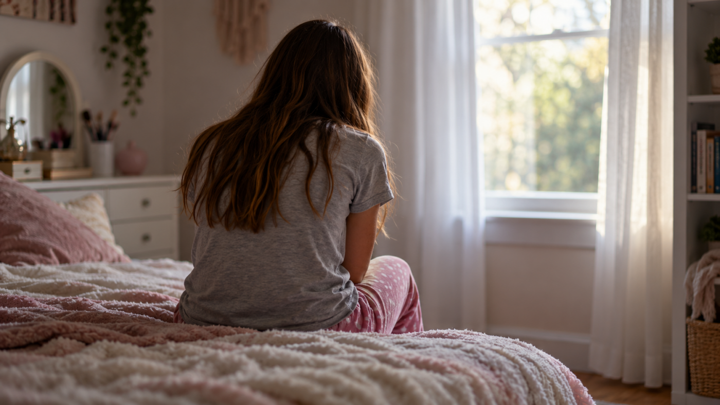 Une adolescente vue de dos, assise au bord de son lit dans une chambre éclairée par le jour.