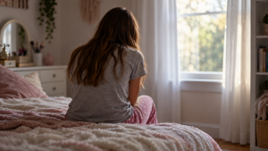 Une adolescente vue de dos, assise au bord de son lit dans une chambre éclairée par le jour.