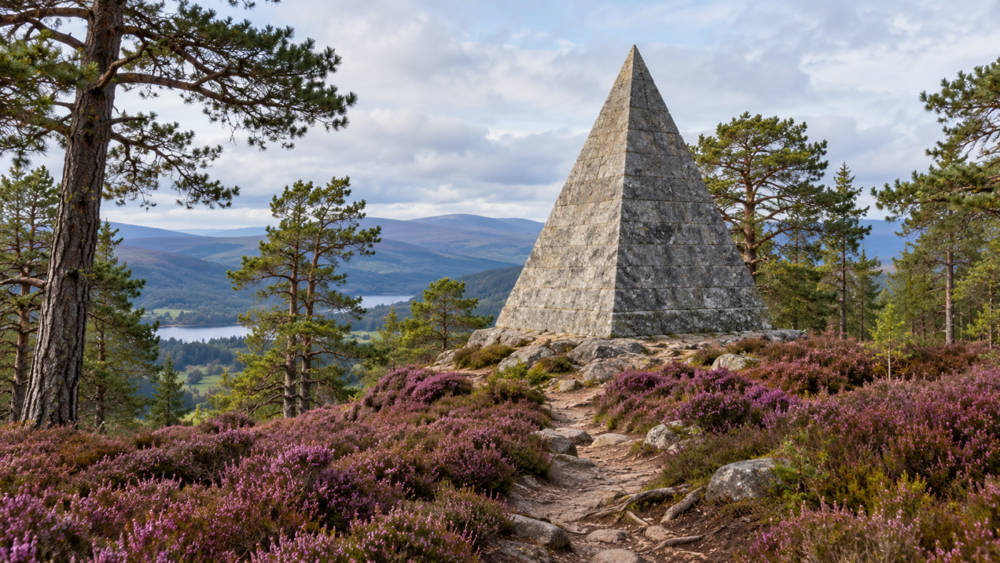 Une pyramide de granit gris au milieu des pins, sur une colline couverte de bruyère, au bout d'un sentier de terre raviné.
