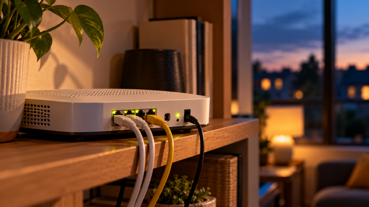 Une box internet posée sur une étagère, câbles réseau branchés, voyants allumés au crépuscule