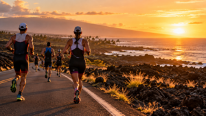 Des triathlètes amateurs courent de dos sur une route bordée de champs de lave noire, au lever du soleil à Hawaï