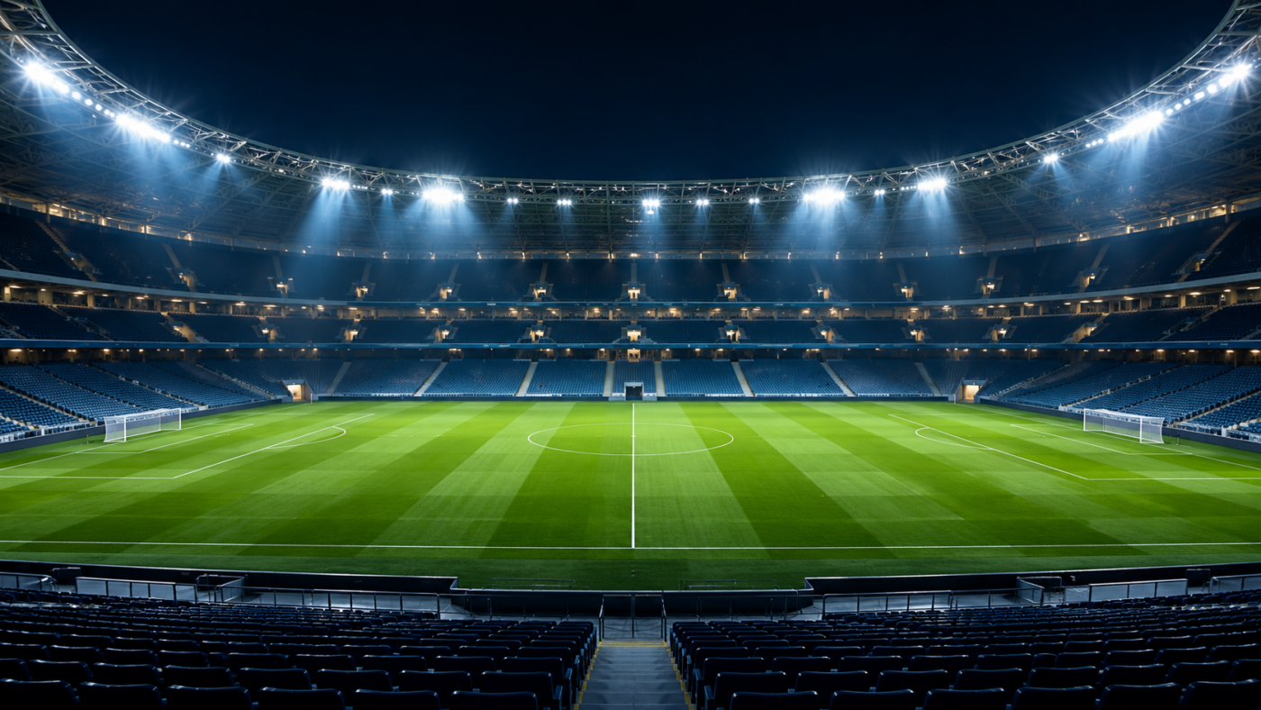 Un grand stade de football vide, éclairé de nuit par les projecteurs, pelouse tondue en bandes