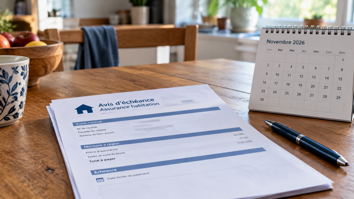 Un avis d'échéance d'assurance ouvert sur une table de cuisine, à côté d'un calendrier et d'un stylo