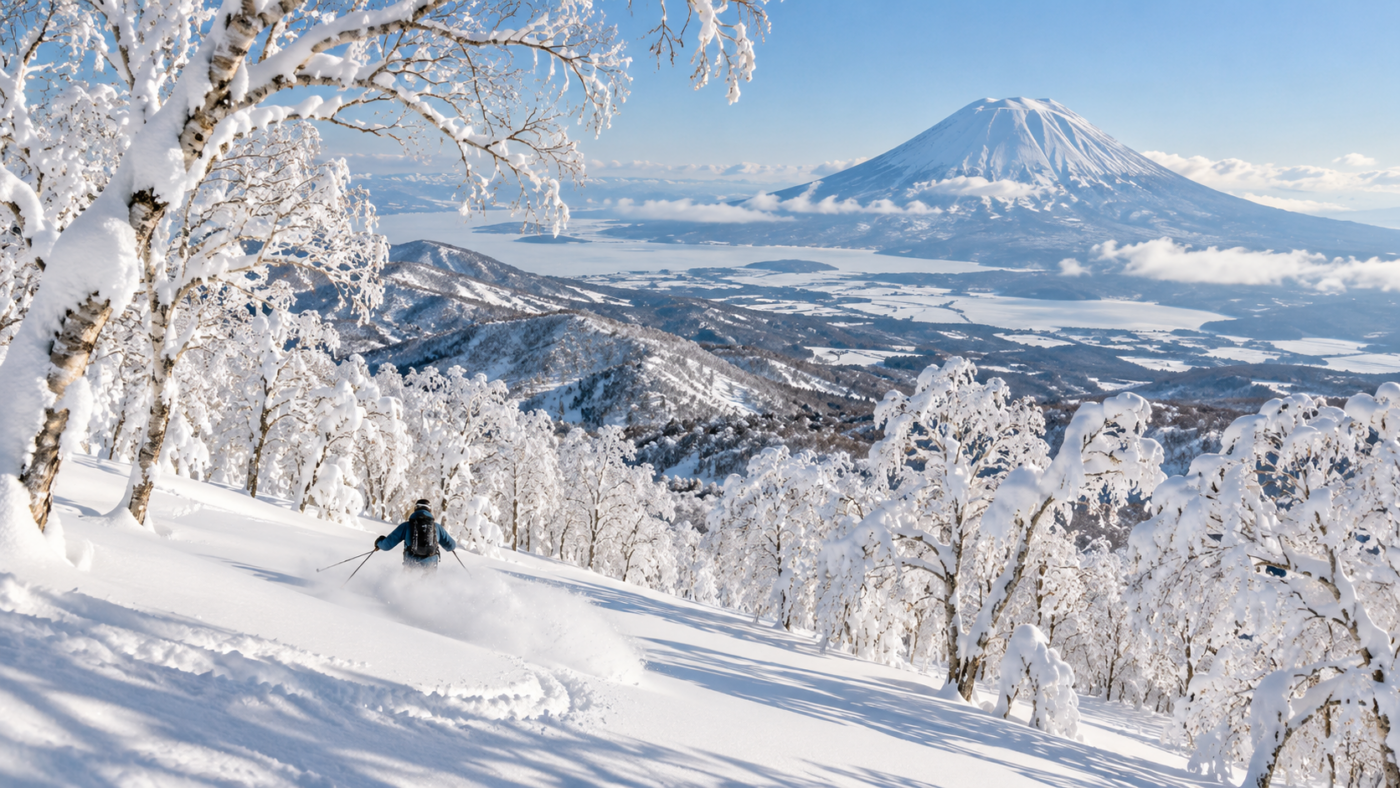 Une pente couverte de poudreuse fraîche au milieu des bouleaux enneigés, un skieur de dos au loin et un volcan blanc à l’horizon.